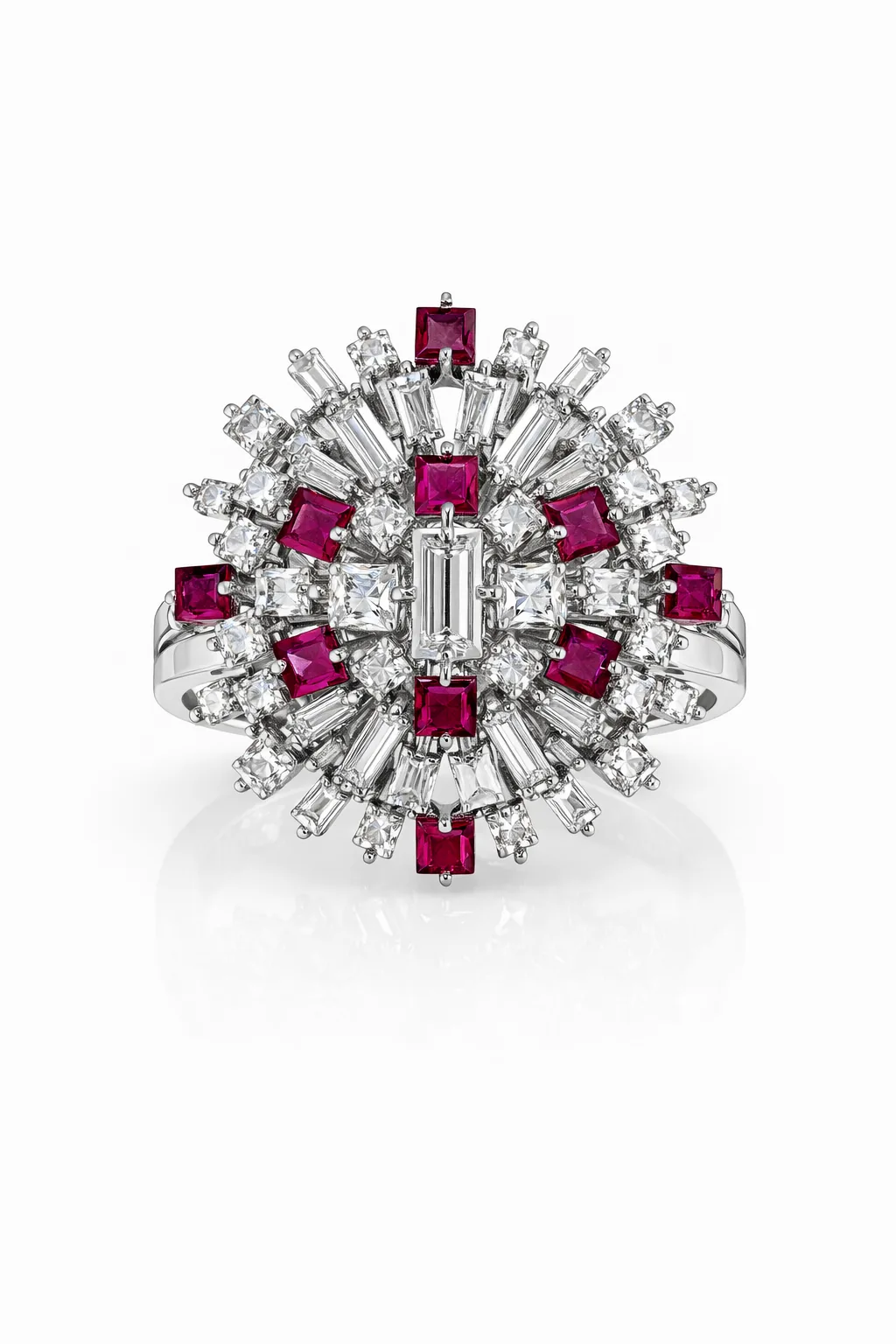 Anello rotondo diamanti baguette rubini