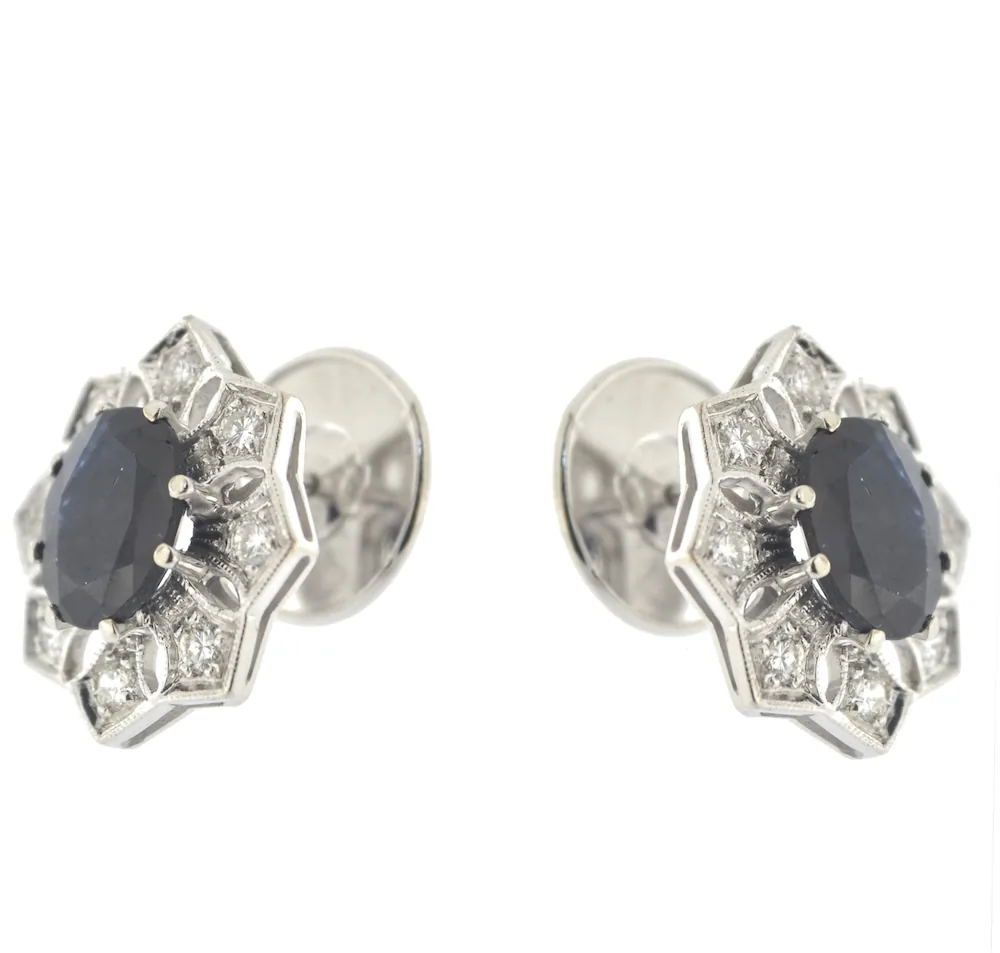 Orecchini oro bianco 18kt fiore diamanti e zaffiri