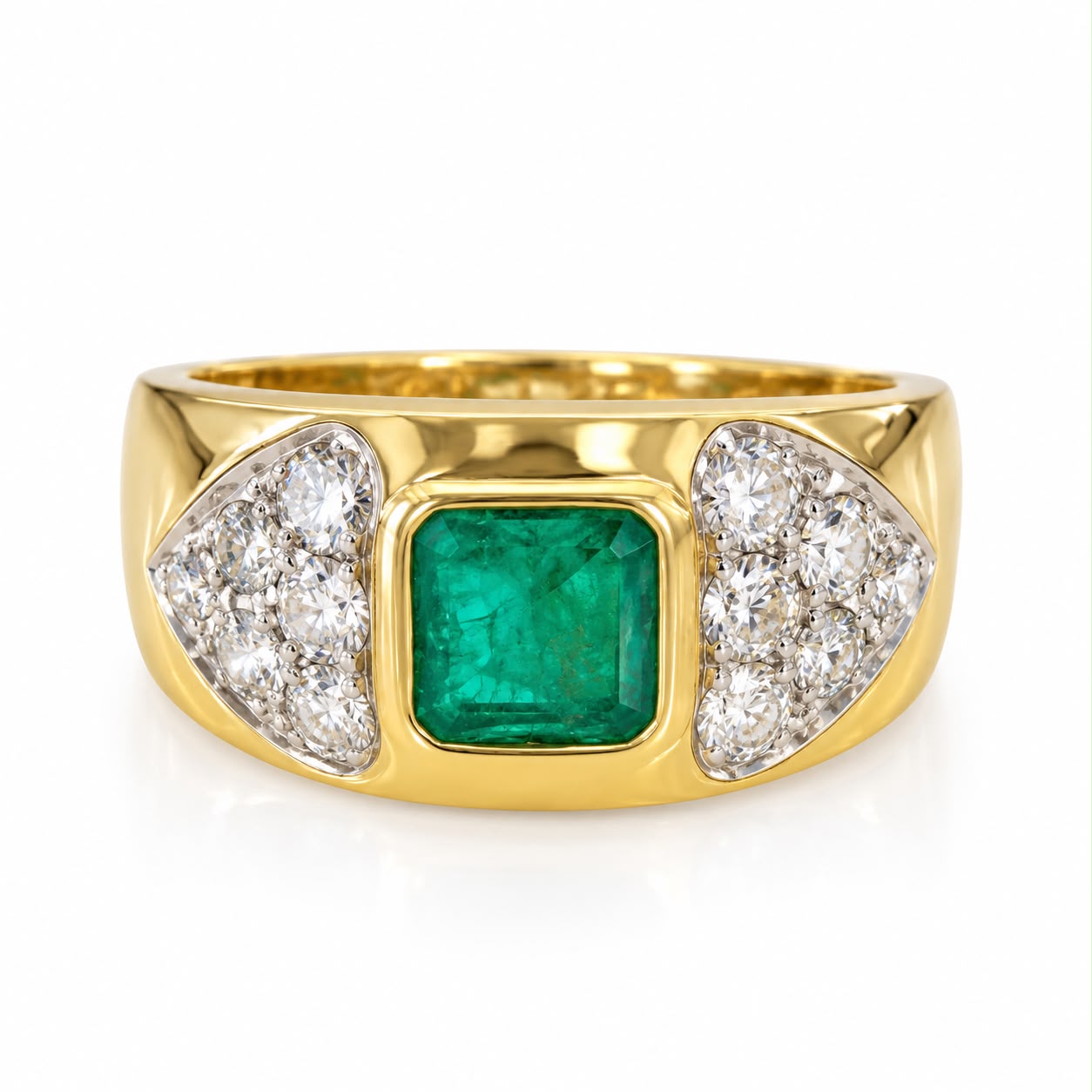 Anello fascia in oro giallo smeraldo e diamanti