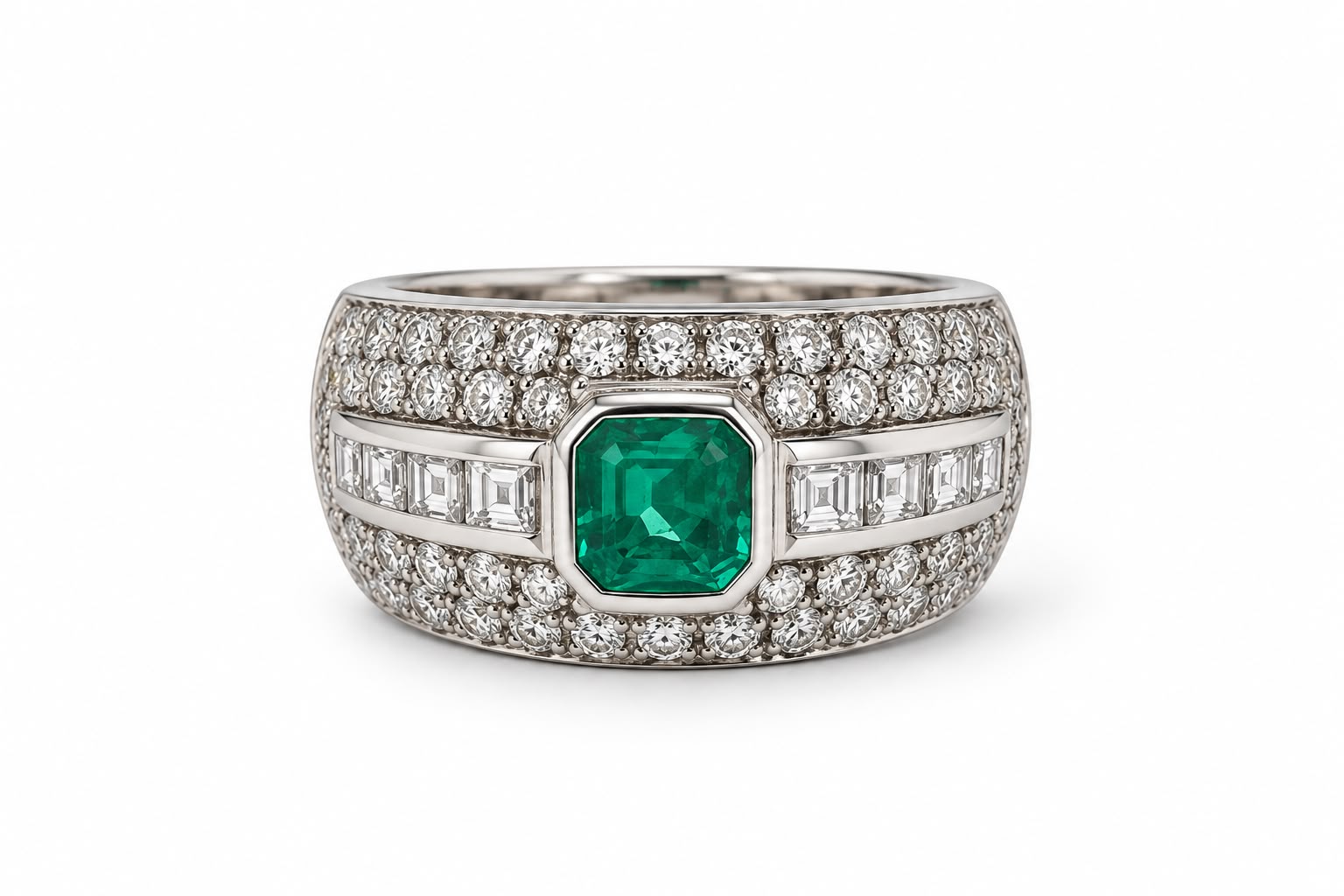 Anello fascia diamanti e smeraldo